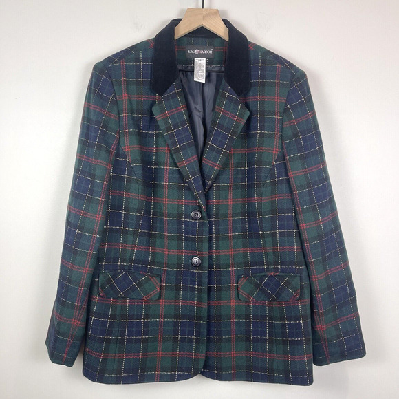 Sag Harbor Jackets & Blazers - Sag Harbor Vintage Green Metallic Thread Plaid Dark Academia Blazer Sz 18 Preppy